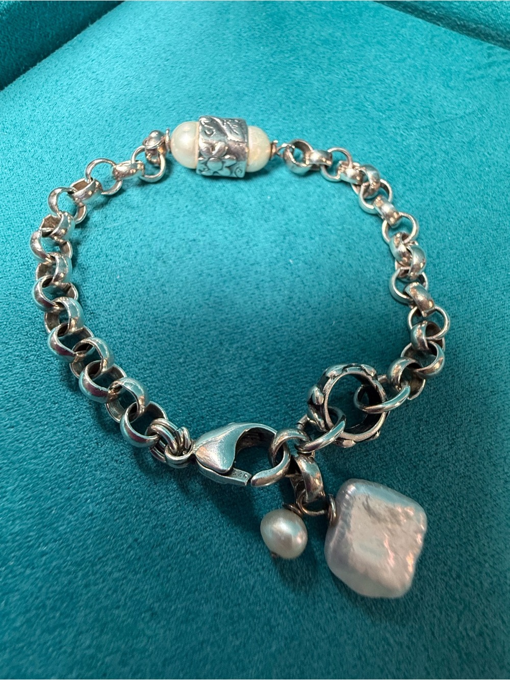 Sterling Silver Freshwater Pearl Charm Bracelet – 925 Silver Rolo Link Bracelet